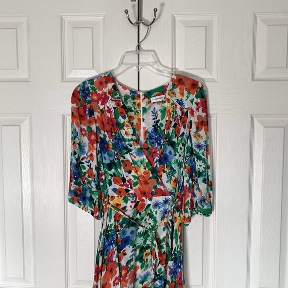 Calvin Klein 3/4 Sleeve V-Neck Colorful Floral Faux Wrap Dress Size 4 - Picture 3 of 16